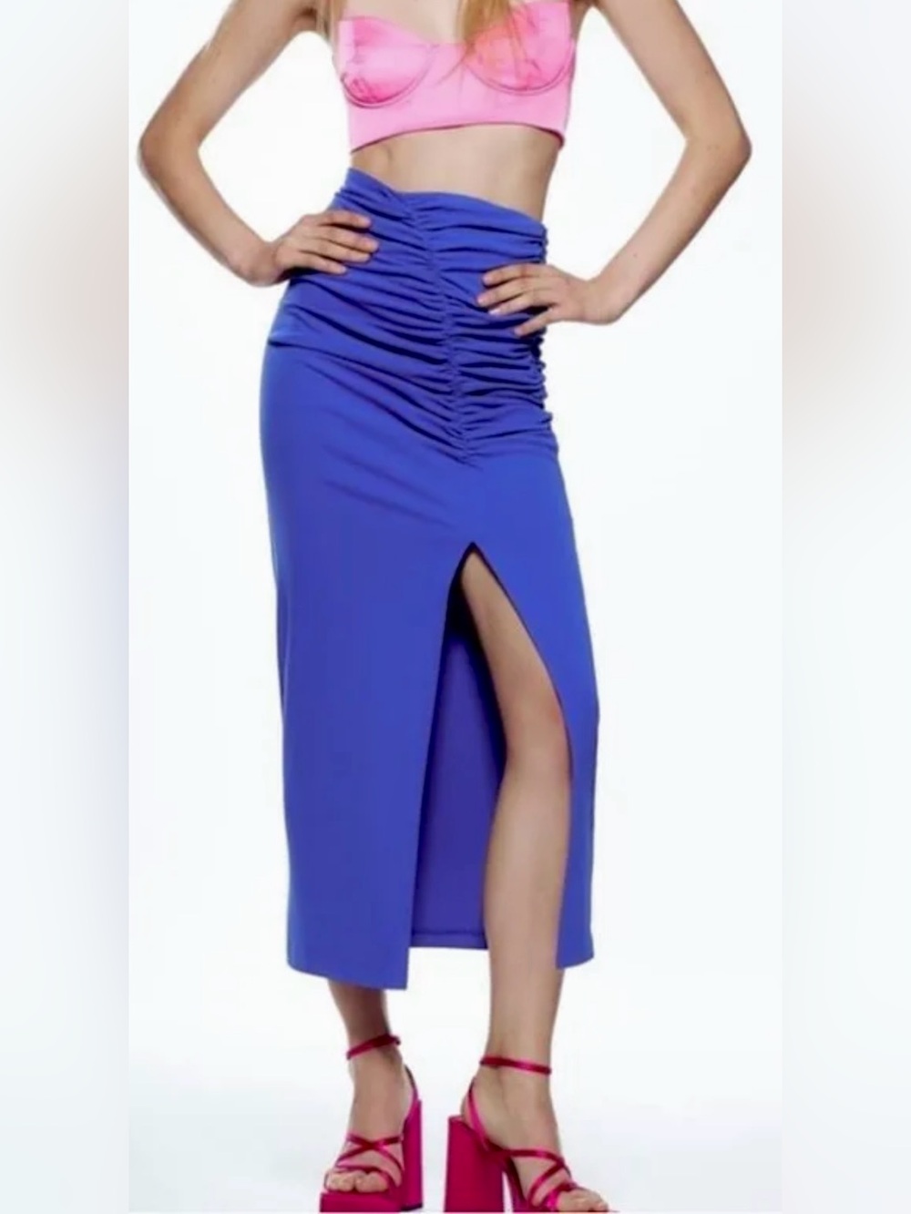 Zara Blue Ruched High-Waist Maxi Skirt with Front Slit Sz M